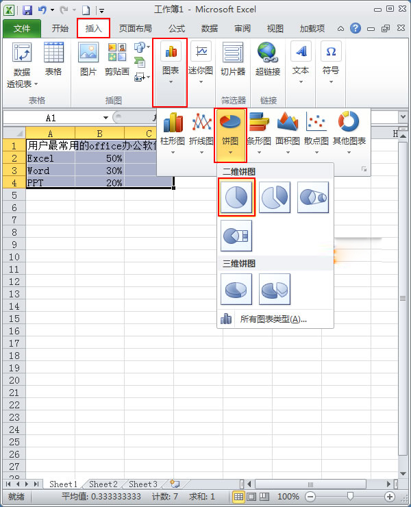 使用Excel2010如何制作简单扇形统计图